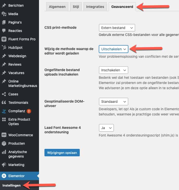 Elementor loader instelling