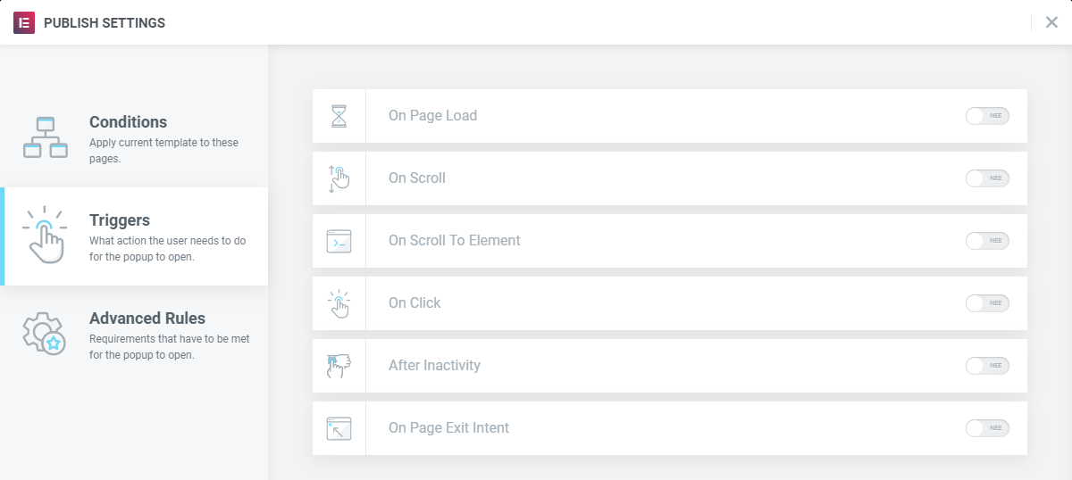 Popup maken in WordPress met Elementor - triggers