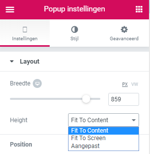 Popup instellingen Elementor - fit to content